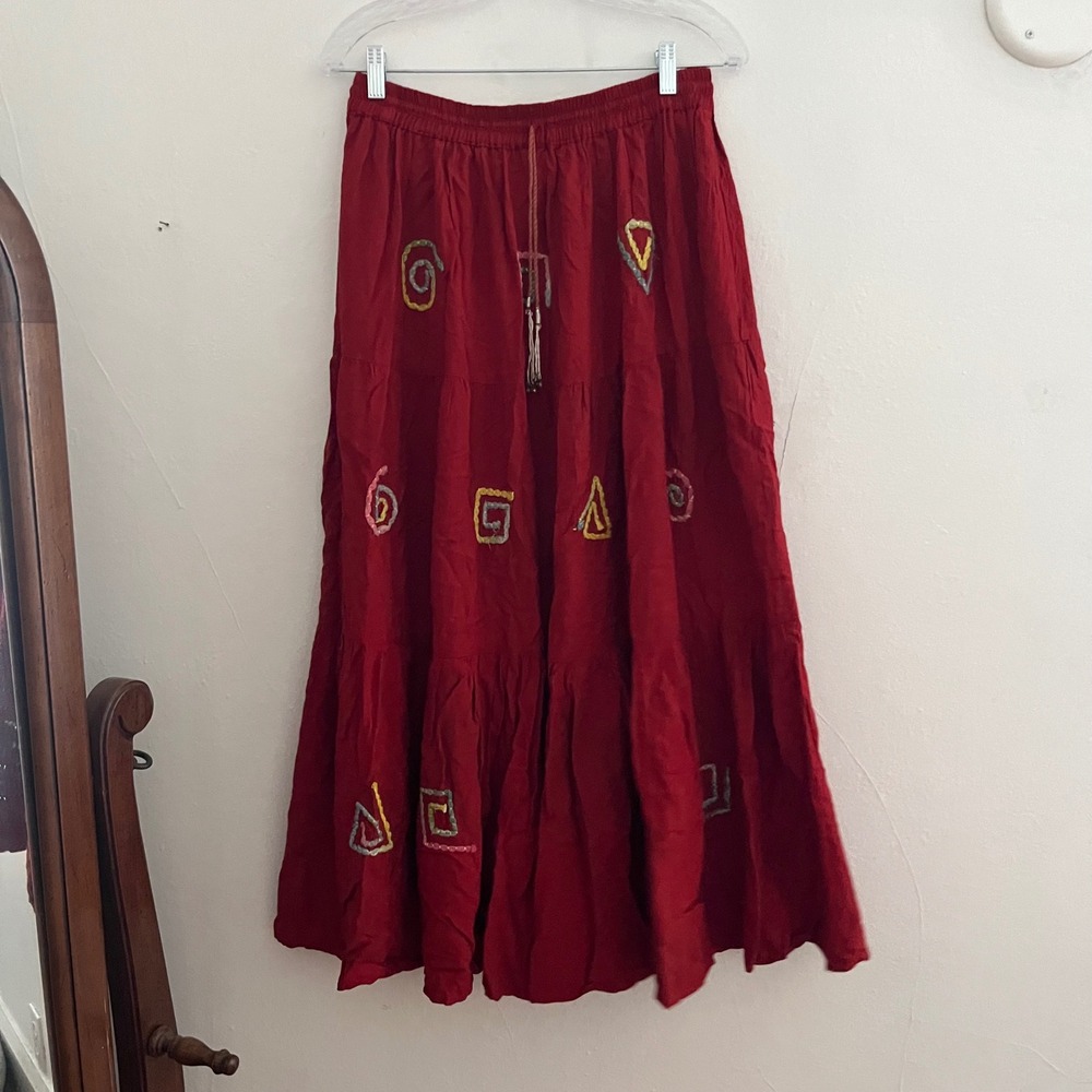 Silverstream Red Embroidered Beaded Stretchy Drawstring Maxi Skirt L Boho Hippie